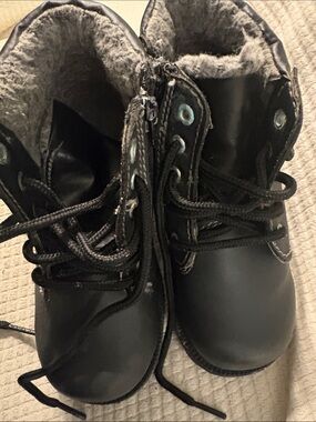 SmartFit Kids Waterproof Black Faux Leather Winter Lace-Up Boots